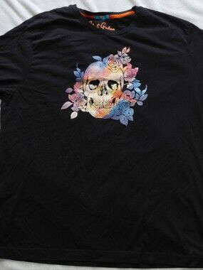 Robert Graham Skull Print Short Sleeve Casual T-Shirt Men Black Floral 3XLT